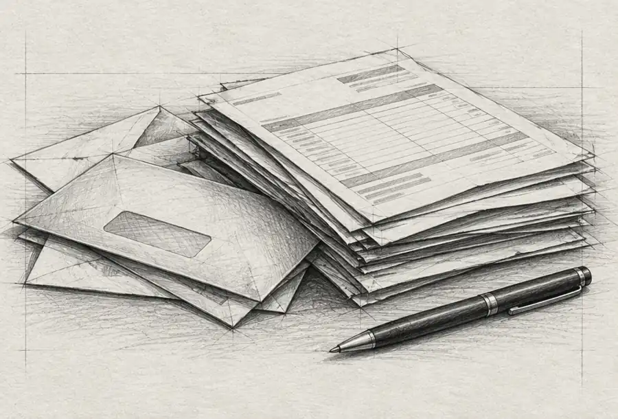 Pencil sketch of overdue invoices and payment paperwork