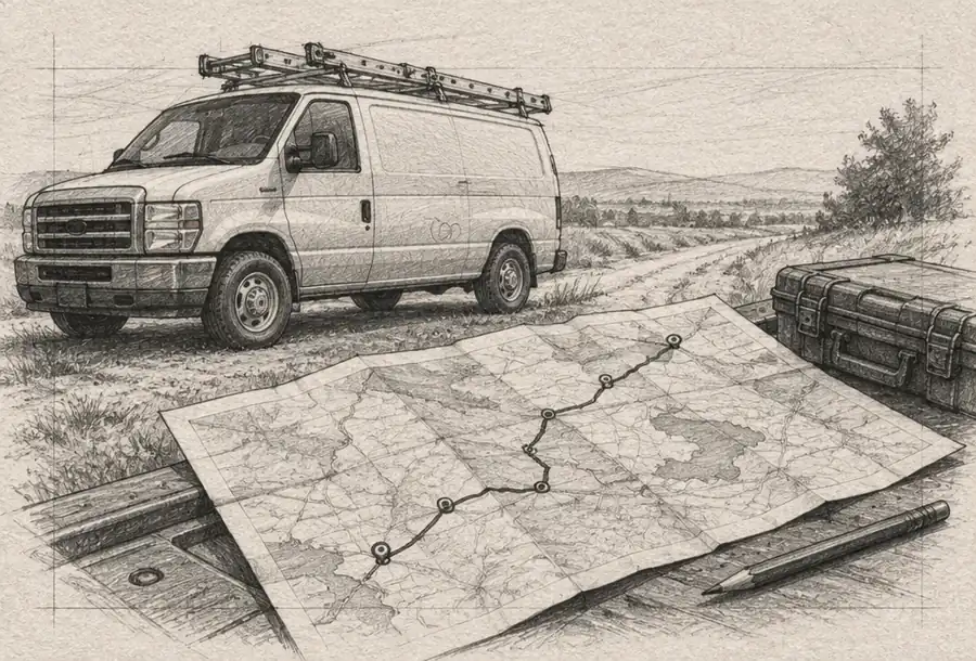 Pencil sketch of a service truck and route map