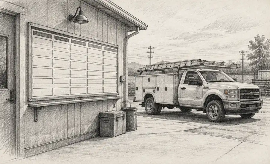 Graphite sketch of a dispatch board and service truck