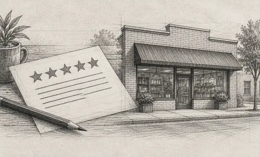 Graphite sketch of a review sheet and local storefront